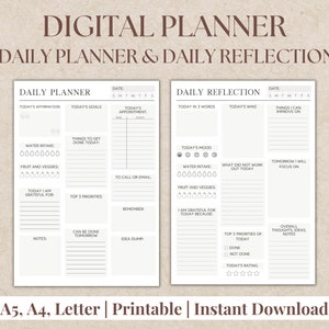 May include: A printable daily planner and reflection sheet with sections for today's affirmation, goals, appointment, mood, water intake, fruit and veggies, top 3 priorities, things to get done today, what did not work out today, and more. The planner is designed in a minimalist style with a white background and black text.