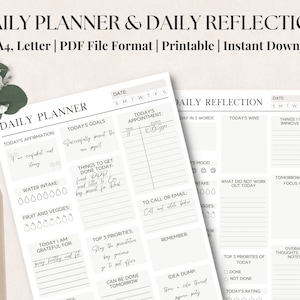 May include: A printable daily planner and reflection sheet with sections for goals, affirmations, appointments, to-do lists, priorities, and gratitude. The sheet also includes sections for reflection, including wins, things to improve on, and a mood tracker.