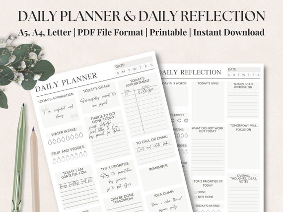 Self-Reflection Daily Planner Template - Organize Your Days, Track Progress, Achieve Goals | A4, A5, US Letter Size | Printable Download