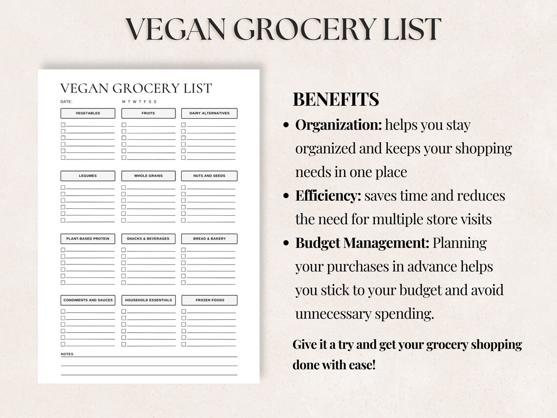 Printable Vegan Grocery List and Weekly Meal Planner Template: Organized Vegan Grocery Checklist ...