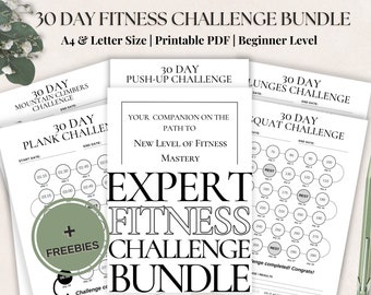 May include: A printable 30-day fitness challenge bundle with a green circle and the text "FREEBIES" in white. The bundle includes challenges for mountain climbers, planks, push-ups, lunges, and squats. The text "EXPERT FITNESS CHALLENGE BUNDLE" is in black and white.