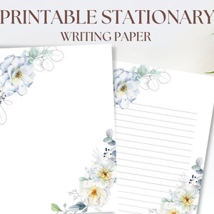 Druckbares blaues Blumen-Briefpapier, A4 und Letter Größe, Blumen-Briefpapier, Sofort Download