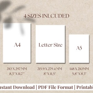 May include: Four printable paper sizes are shown: A4 (8.3 inches by 11.7 inches), Letter (8 inches by 11.5 inches), and A5 (5.8 inches by 8.3 inches). The text "4 SIZES INLCUDED" is at the top of the image.