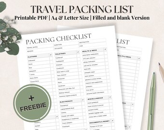 May include: A printable travel packing list checklist in PDF format. The checklist is divided into categories such as clothing, toiletries, health and meds, electronics, miscellaneous, documents and money. The checklist is available in A4 and letter size and includes both filled and blank versions.