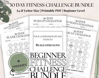 May include: A printable 30-day fitness challenge bundle for beginners. The bundle includes challenges for mountain climbers, planks, push-ups, lunges, and squats. The challenges are designed to help you build strength. The bundle is available in A4 and letter size.