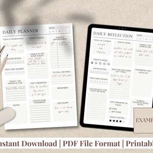 May include: Printable daily planner and reflection pages with sections for goals, appointments, water intake, fruit and veggies, gratitude, top 3 priorities, and more. The pages are designed in a minimalist style with black text on a white background.