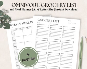 Può includere: Un modello stampabile di lista della spesa e pianificatore dei pasti settimanale. Il modello è progettato per gli onnivori e include una sezione per la colazione, il pranzo e la cena. La lista della spesa è divisa in sette giorni della settimana.