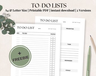 May include: Two printable to-do list templates in black and white. The first template has a numbered list for tasks, a column for marking tasks as complete, and a section for notes. The second template has sections for priorities, tasks, reminders, and goals.