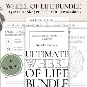 May include: A printable PDF bundle of worksheets for self-discovery and goal setting. The bundle includes a wheel of life, a goal tracker, and a smart goals worksheet. The worksheets are designed to help you understand your life and set goals for personal growth.