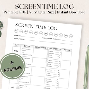 May include: A printable screen time log with a black and white design. The log includes sections for the day of the week, device used, screen time, time spent on different activities, and notes. The log also includes a section for weekly and daily screen time goals.