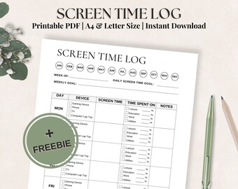 Weekly Screen Time Log: Keep track of your screen time habit | Screen Time Tracker | Screen Time Checklist | A4 & Letter Size, printable PDF