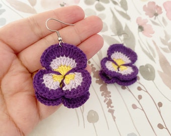 HYPOALLERGENIC | 100% Cotton Yarn Crochet Deep Purple Pansy Flower Earrings