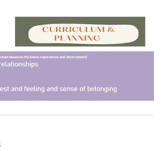 May include: A purple and white document with the title "Curriculum & Planning" and a list of term goals and topics. The term goals include children and educator relationships, communication skills, problem solving skills, and the needs of interest and feeling and sense of belonging. The term topics include frogs and life cycle, Christmas, friendships and kindness, and harvest.