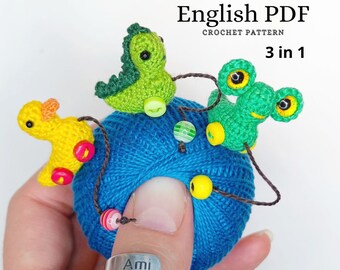 Amigurumi all'uncinetto miniatura anatra dinosauro e rana SOLO MODELLO inglese, pdf Amigurumi peluche mini giocattolo da tirare 3 in 1 Tutorial