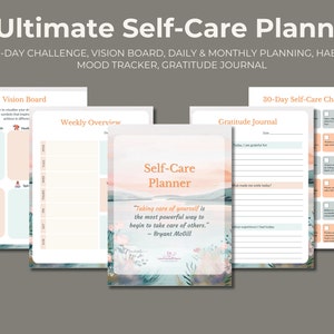 Agenda numérique Ultimate Self-Care, défi 30 jours, tableau de visualisation, planification quotidienne et mensuelle, suivi des habitudes et de l'humeur, journal de gratitude.