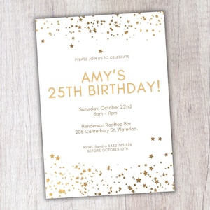 Modelo editável de convite de aniversário com estrelas douradas, convites de aniversário para impressão, convite digital para festa, convite digital para cartão de aniversário