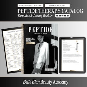 May include: A spiral-bound Peptide Therapy Catalog Formulas & Dosing booklet with a black and white cover featuring a person in a blazer, accompanied by a product dosing chart and a digital tablet displaying medical information and a human body diagram.