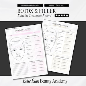 Scheda del trattamento Botox, moduli Botox, scheda del cliente del filler dermico, marchio di bellezza per piccole imprese, documenti del cliente Botox, modificabili in Canva