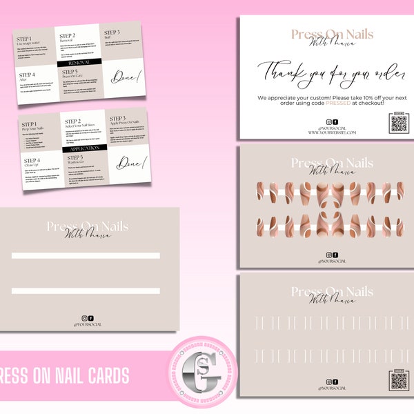 Press On Nails Product Card & Instructions Card Templates, Mini Bundle Design Set, How To Apply Remove Nail, PressOn Packaging, DIY in Canva