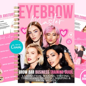 Pode incluir: Um guia digital rosa e branco para laminação de sobrancelhas, cera, coloração, threading, mapeamento, modelagem e menus de sobrancelhas. O guia apresenta uma foto de quatro mulheres com diferentes estilos de sobrancelhas e o texto "Eyebrow Master" em letras grandes de cor rosa.