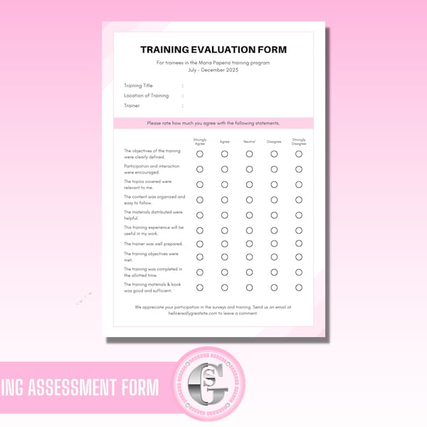 Training Evaluation Form, Student Training Assessment Sheet, Editable in Canva