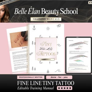 Könnte beinhalten: Ein spiralgebundenes Schulungshandbuch mit dem Titel Tiny Fine Line Tattoos mit weißem Einband und schwarzen Strichzeichnungen von Ankern, Sonnen, Herzen und Bäumen, präsentiert neben einer aufgeschlagenen Seite mit Nadeldiagrammen.