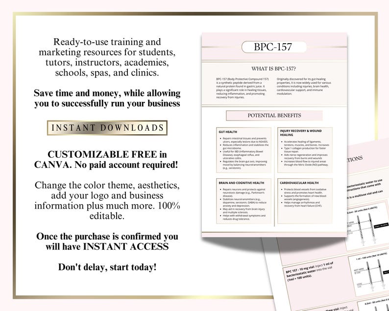 BPC-157 Peptide, Body Protective Compound 157, Patient Information, Dosage & Reconstitution for Patients, Medspa Templates, Edit in Canva