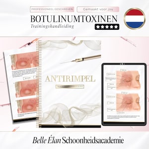 May include: A promotional image featuring a training manual and a tablet with diagrams related to botulinum toxin injections. The manual is spiral-bound with the text "ANTIRIMPEL" and the tablet displays facial anatomy. Syringes are scattered around.