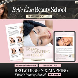 Pode incluir: Um manual de treinamento da Belle Élan Beauty School para mapeamento e design de sobrancelhas. O caderno espiral apresenta uma capa com um close-up de mapeamento de sobrancelhas, uma página impressa e um tablet com conteúdo.