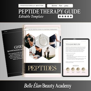 Könnte beinhalten: Eine digitale Vorlage für einen Peptid-Therapie-Leitfaden mit einem spiralgebundenen Dokument mit sechseckigen Fotoeinsätzen, einer schwarzen Informationsseite mit der Überschrift GHRP und einem Tablet-Bildschirm mit Text über Tesamorelin, alles beschriftet mit Belle Élan Beauty Academy.