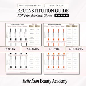 May include: A printable PDF guide titled "RECONSTITUTION GUIDE" with the text "PROFESSIONALLY WRITTEN" and "done - for - you". The guide includes diagrams for BOTOX, XEOMIN, LETYBO, and NUCEVIA. The Belle Élan Beauty Academy logo is at the bottom.