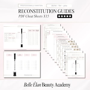 May include: A set of PDF cheat sheets labelled "Reconstitution Guides" with the text "Professionally Written" and "done - for - you". The sheets display diagrams and charts, with a syringe illustration. The brand name "Belle Élan Beauty Academy" is at the bottom.
