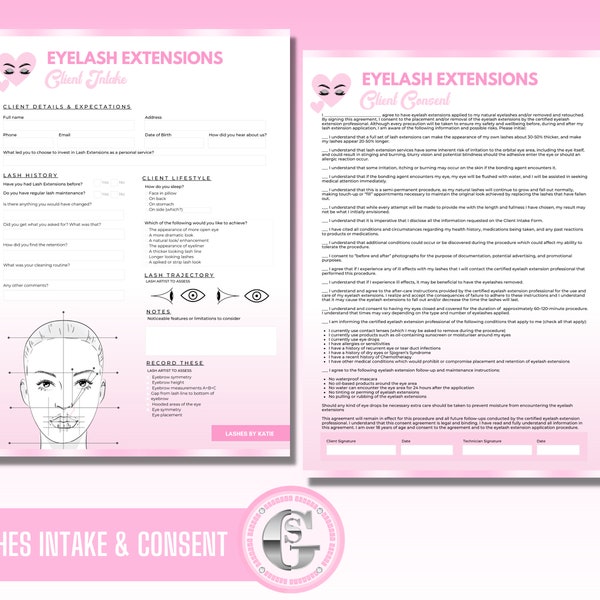 Lash Tech Forms, Lash Extensions Consent, Eyelash Extensions Intake, Pink, Edit in Canva