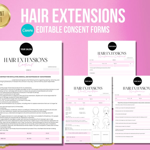 Hair Extension Forms, Consent Templates, Hair Extensions Consultation, Hair Stylist Forms, Hair Forms, Hair Care Form, Editable in Canva