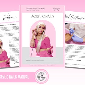 Op de afbeelding: Een trainingshandleiding voor acrylnagels met een roze achtergrond en een foto van een vrouw met lang blond haar die een roze outfit draagt. De tekst op de omslag luidt "Student Training Manual Liquid & Powder Nails Acrylic Nails".