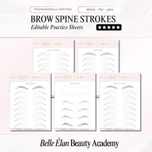 Op de afbeelding: Een verzameling bewerkbare oefenbladen voor wenkbrauw-ruggengraatstreken. De bladen zijn voorzien van de tekst "BROW SPINE STROKES" en "Editable Practice Sheets". De bladen zijn gerangschikt op een lichtroze achtergrond. De tekst "Belle Élan Beauty Academy" staat onderaan.