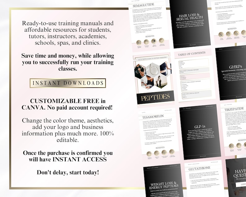 Peptide Therapy Guide, Peptide Therapy Client Information Booklet, Editable in Canva
