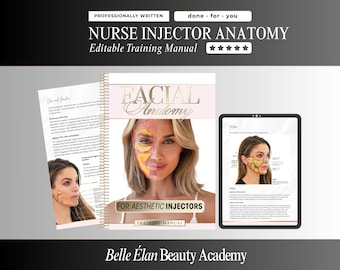 Puede incluir: Un manual de formación Nurse Injector Anatomy con encuadernación en espiral que muestra un diagrama de anatomía facial en la portada, junto a una página abierta y una tableta con ilustraciones anatómicas detalladas de Belle Elan Beauty Academy.