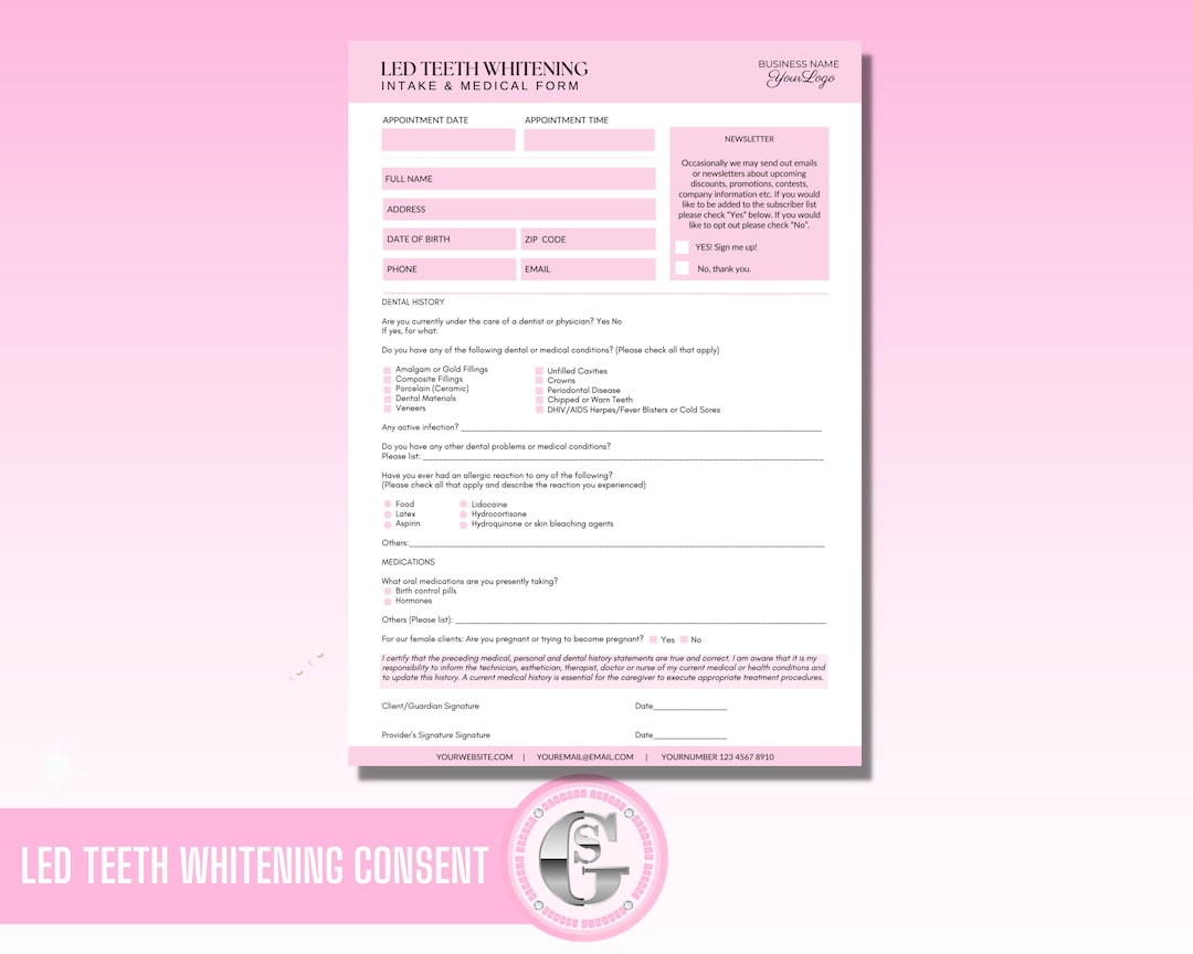 LED Teeth Whitening Consent Forms, Teeth Whitening Intake Forms, LED