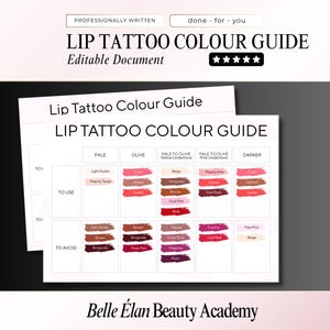 May include: A white document titled "LIP TATTOO COLOUR GUIDE" with color swatches categorized by undertone and darkness. The document includes the text "TO USE" and "TO AVOID" with the text "Belle Élan Beauty Academy" at the bottom.
