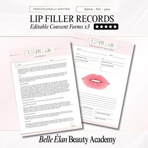 Formulaires de consentement pour le produit de comblement des lèvres et dossier de traitement du client, modèle de produit de rebouchage des lèvres pour infirmière, planificateur d'injections esthétiques, graphique modifiable de la carte des lèvres