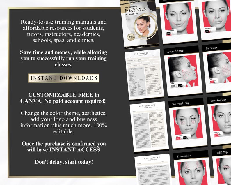 PDO Threads Training Manual, PDO Threads Mapping, Training & Mapping, Aesthetics Treatments, Editable Tutor Training Guide, Edit in Canva