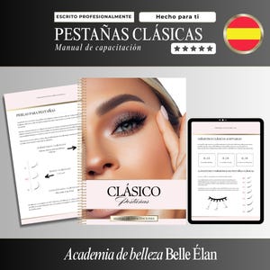 May include: A spiral-bound training manual titled CLÁSICO Pestañas with a close-up of a face with long eyelashes on the cover. The manual is displayed alongside an open page showing diagrams of lash curls and a tablet screen displaying lash diameters.