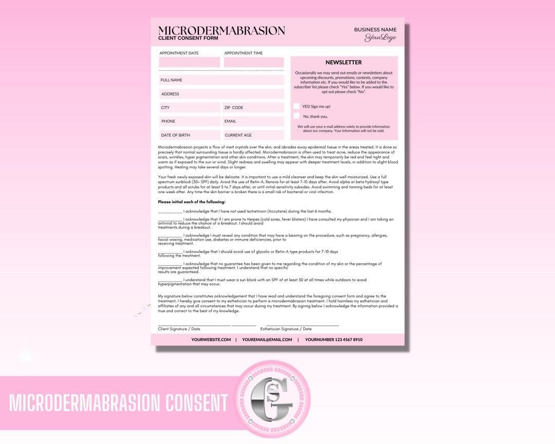Microdermabrasion Consent Form, Simple, Easy to Use, Client Intake