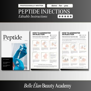 Könnte beinhalten: Ein Set aus drei Informationsdokumenten mit dem Titel Peptide Injections mit bearbeitbaren Anleitungen. Die Seiten enthalten schwarz-weißen Text, Diagramme zur Veranschaulichung von intramuskulären und subkutanen Injektionstechniken.