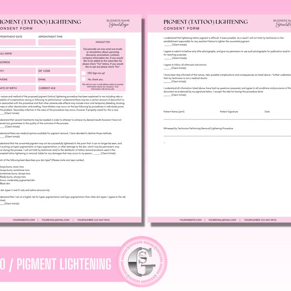 Pigment Lightening Tattoo Removal Forms, Tattoo Lightening, Consent Forms, Client Intake Form, Tattooist templates, Consultation, Editable