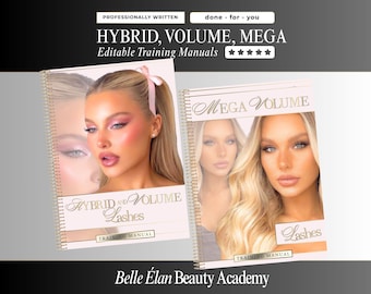 Könnte beinhalten: Zwei spiralgebundene Schulungshandbücher mit den Titeln Hybrid and Volume Lashes und Mega Volume Lashes. Die Einbände zeigen Fotos von Personen mit gestyltem Haar und Make-up sowie den Text Professionally Written, Done-for-you und Belle Élan Beauty Academy.