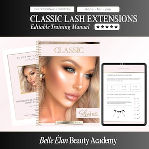 Op de afbeelding: Een spiraalgebonden trainingshandleiding voor klassieke wimperextensions met een lichtroze kaft met een portret van een persoon met lange wimpers. De handleiding bevat de tekst CLASSIC LASH EXTENSIONS en Belle Élan Beauty Academy.