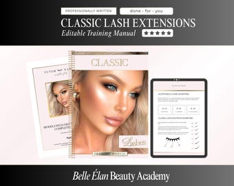 Könnte beinhalten: Ein spiralgebundenes Schulungshandbuch für klassische Wimpernverlängerungen mit einem blassrosa Einband, der das Porträt einer Person mit langen Wimpern zeigt. Das Handbuch enthält den Text CLASSIC LASH EXTENSIONS und Belle Élan Beauty Academy.