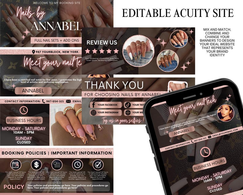 Nail Tech Acuity Scheduling, Nails Acuity Site Design, Acuity Website Template, Nail Technician Appointment Booking Site, Easy Edit in Canva
